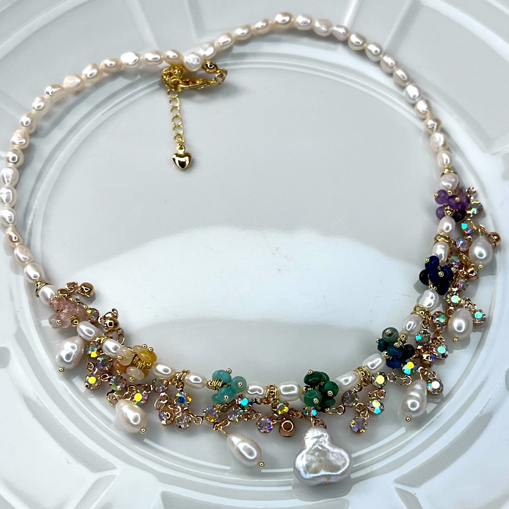 Handmade Freshwater Pearl Multi Gemstone 💎 Cluster Crystal Clover ☘️ Necklace